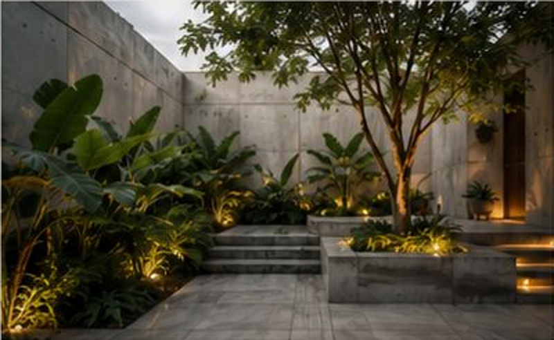 Jardín contemporáneo con árboles y vegetación tropical