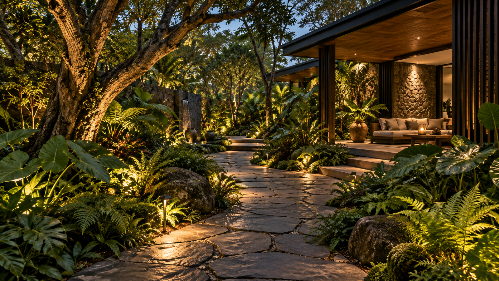 Visualización de jardín iluminado