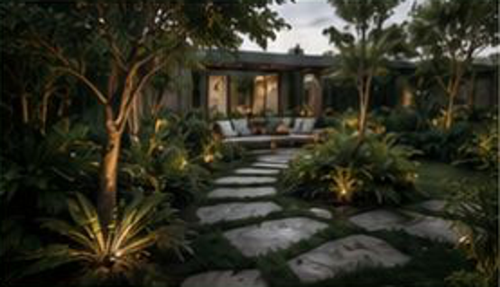 Visualización de jardín residencial con sendero