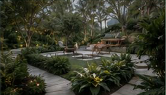 Visualización de jardín con área para descansar